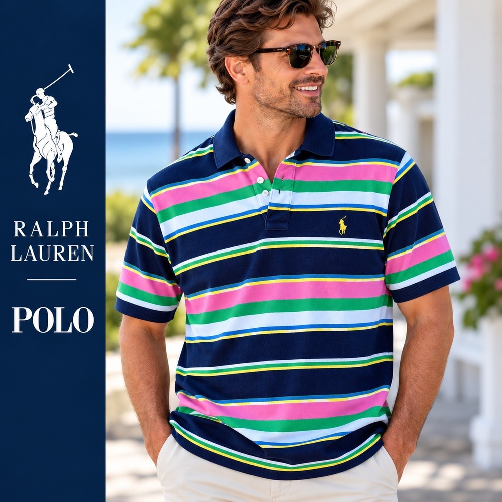 Polo Ralph Lauren Polo Shirt Mens Large Multi Color Striped Short Sleeve Pony